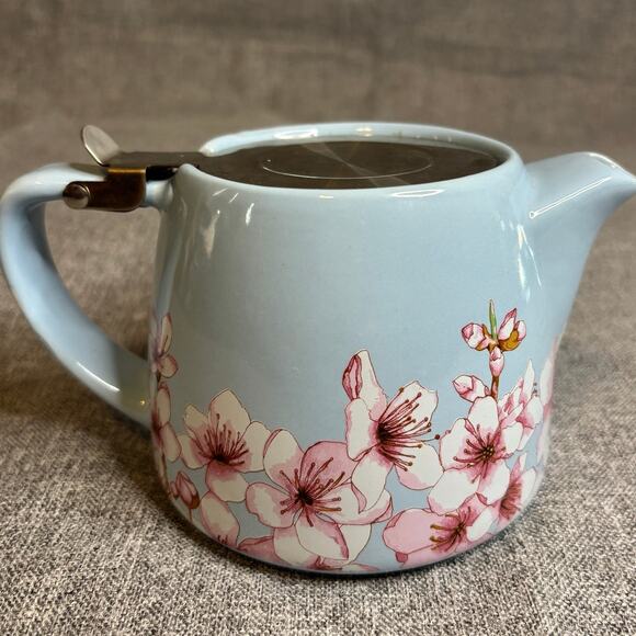 Blue Teapot w/ Cherry Blossoms.  Ceramic with steel Infuser. - Picture 2 of 8